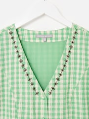 Oliver Bonas Green Gingham Embroidered V-Neck Mini Dress - Image 5 of 7
