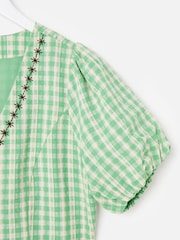 Oliver Bonas Green Gingham Embroidered V-Neck Mini Dress - Image 6 of 7
