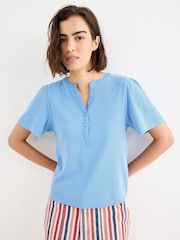 Oliver Bonas Blue Ribbed Short Sleeve Henley Top - Image 1 of 7
