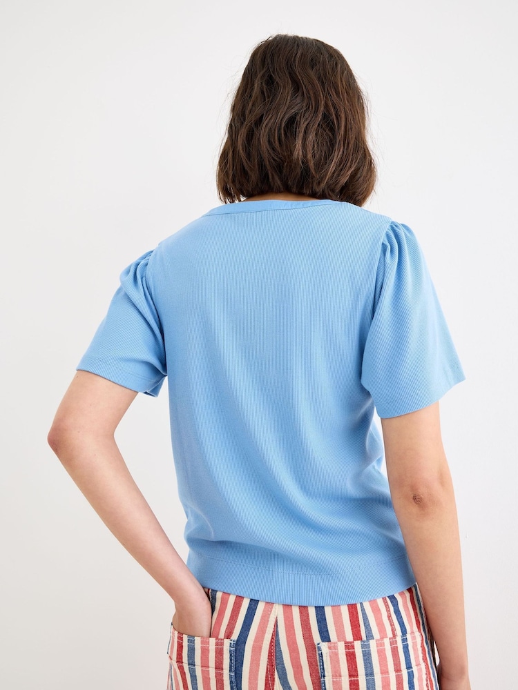 Oliver Bonas Blue Ribbed Short Sleeve Henley Top - Image 2 of 7 Oliver Bonas Blue Ribbed Short Sleeve Henley Top - Image 2 of 7