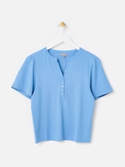 Oliver Bonas Blue Ribbed Short Sleeve Henley Top - Image 3 of 7
