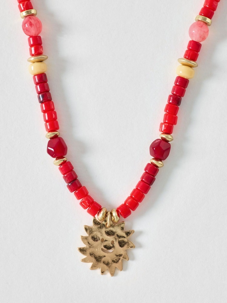 Oliver Bonas Red Harriet Bead Smiley Sun Charm Necklace - Image 1 of 3