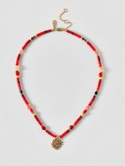 Oliver Bonas Red Harriet Bead Smiley Sun Charm Necklace - Image 2 of 3