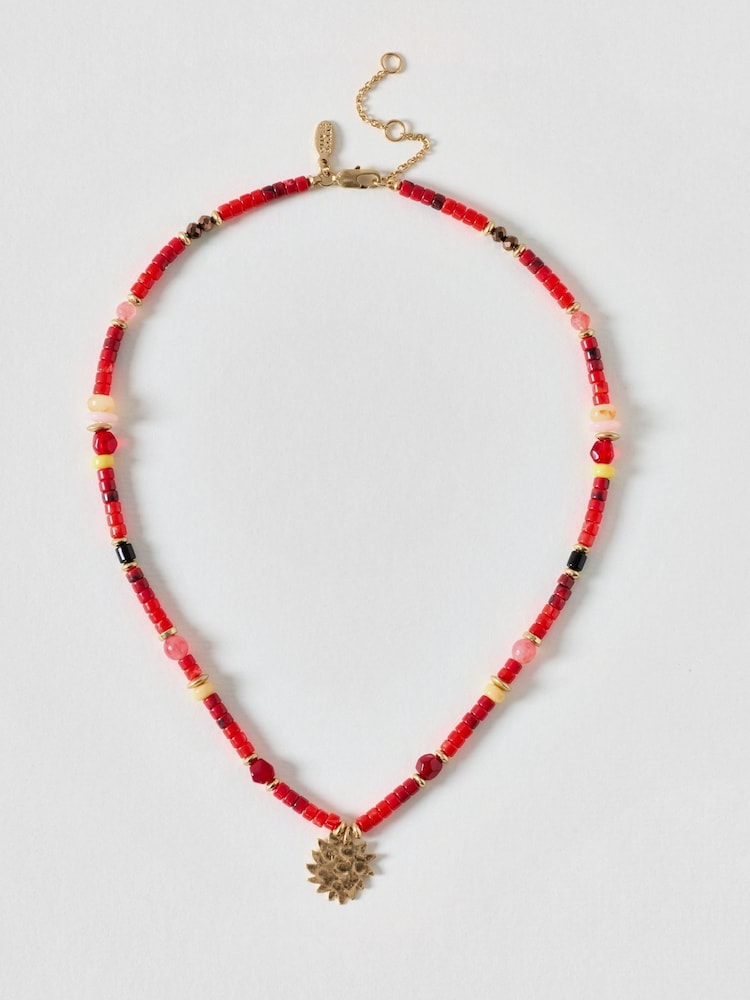Oliver Bonas Red Harriet Bead Smiley Sun Charm Necklace - Image 2 of 3