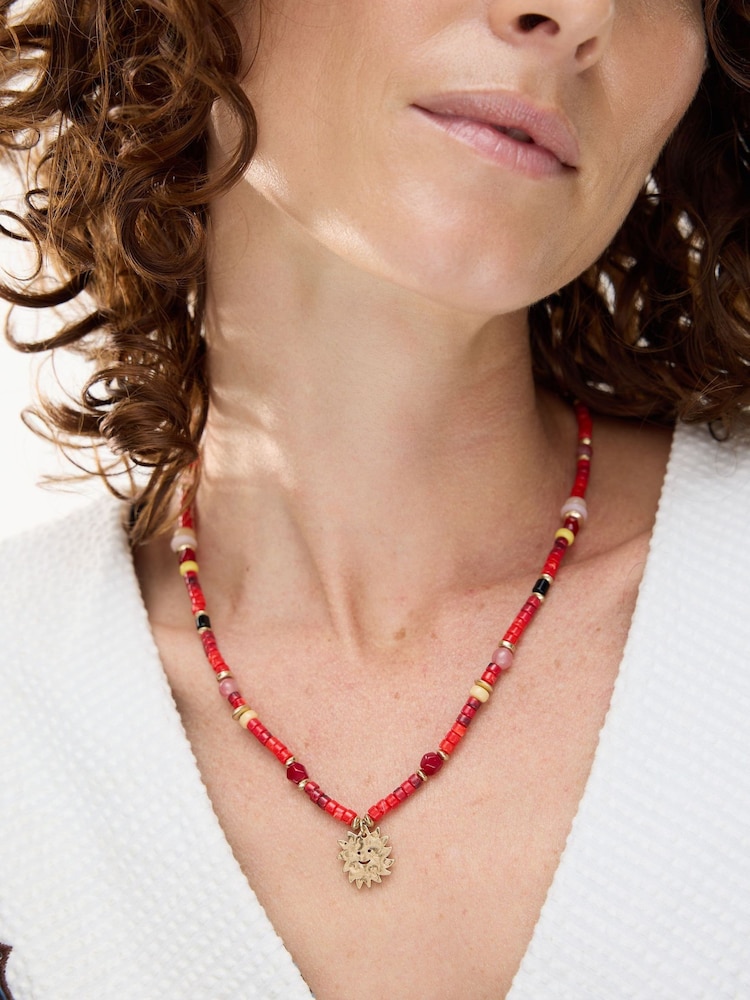 Oliver Bonas Red Harriet Bead Smiley Sun Charm Necklace - Image 3 of 3