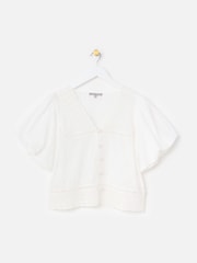 Oliver Bonas Cream Broderie Crochet Button Up Puff Sleeve Blouse - Image 3 of 7