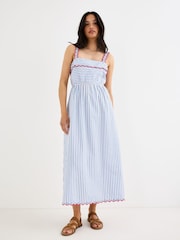 Oliver Bonas Blue Striped Scalloped Strappy Midi Dress - Image 1 of 7
