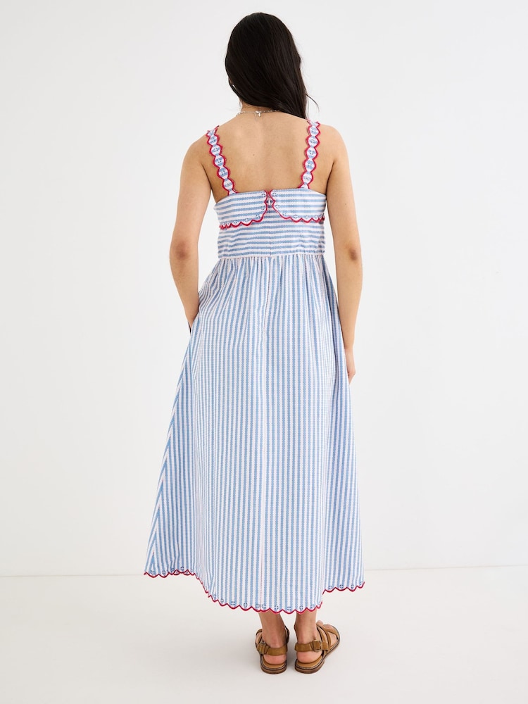 Oliver Bonas Blue Striped Scalloped Strappy Midi Dress - Image 2 of 7