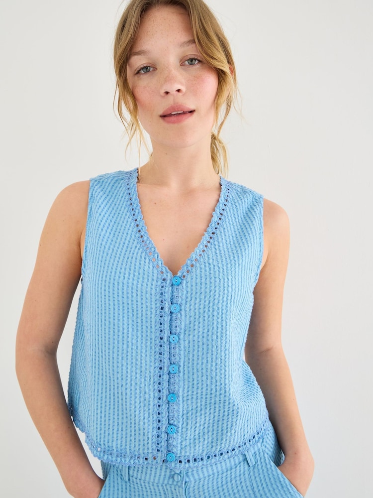 Oliver Bonas Blue Striped Embroidered V-Neck Waistcoat - Image 1 of 7 Oliver Bonas Blue Striped Embroidered V-Neck Waistcoat - Image 1 of 7