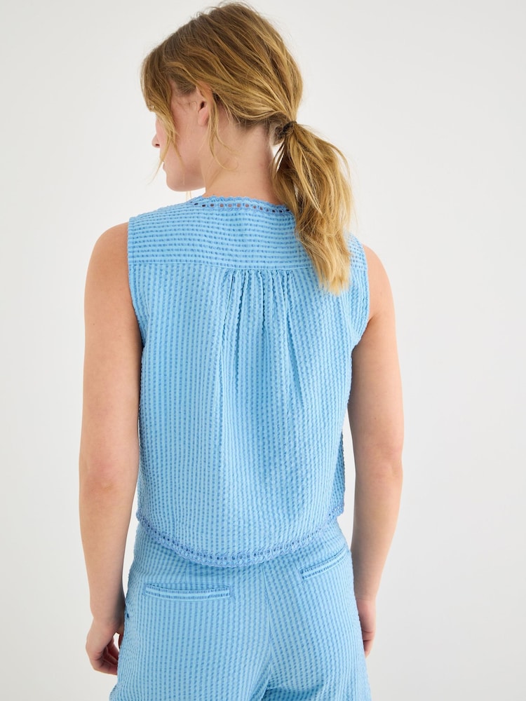 Oliver Bonas Blue Striped Embroidered V-Neck Waistcoat - Image 2 of 7 Oliver Bonas Blue Striped Embroidered V-Neck Waistcoat - Image 2 of 7