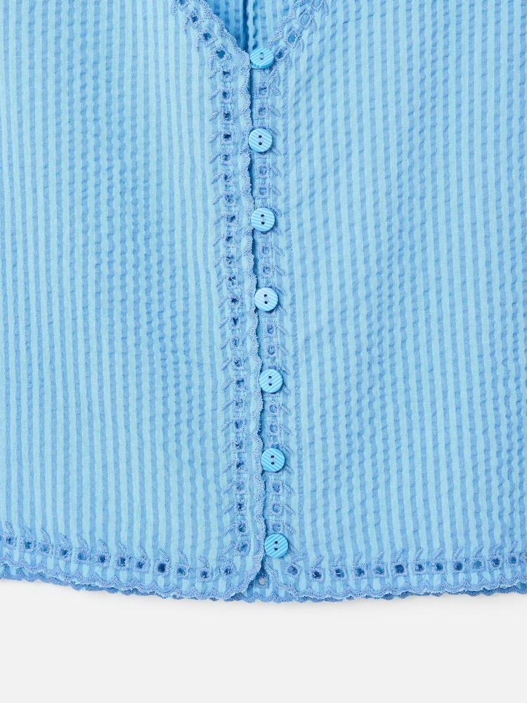 Oliver Bonas Blue Striped Embroidered V-Neck Waistcoat - Image 7 of 7 Oliver Bonas Blue Striped Embroidered V-Neck Waistcoat - Image 7 of 7