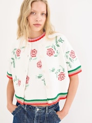 Oliver Bonas Cream Floral Cross Stitch Short Sleeve Cardigan - Image 1 of 7