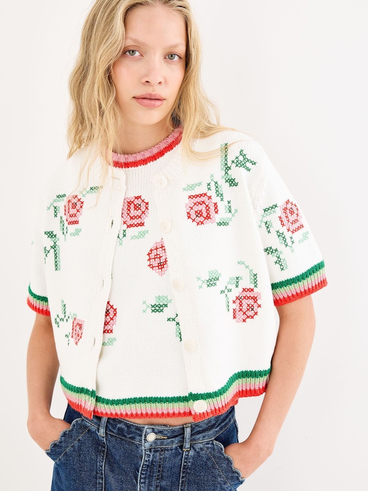 Oliver Bonas Cream Floral Cross Stitch Short Sleeve Cardigan - Image 1 of 7 Oliver Bonas Cream Floral Cross Stitch Short Sleeve Cardigan - Image 1 of 7