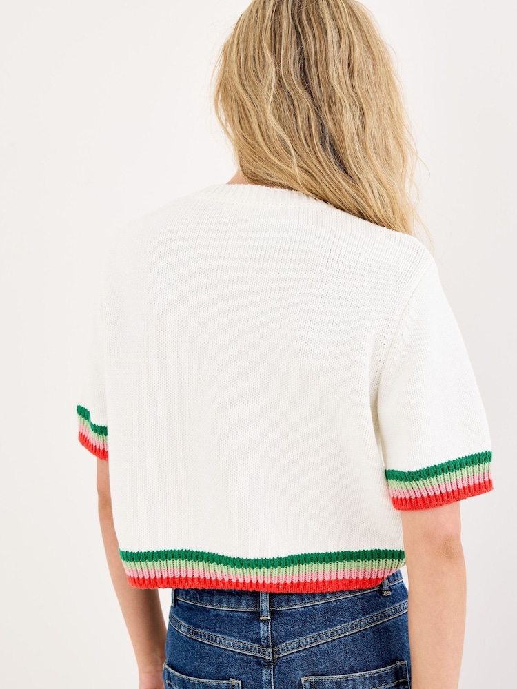 Oliver Bonas Cream Floral Cross Stitch Short Sleeve Cardigan - Image 2 of 7 Oliver Bonas Cream Floral Cross Stitch Short Sleeve Cardigan - Image 2 of 7