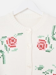 Oliver Bonas Cream Floral Cross Stitch Short Sleeve Cardigan - Image 5 of 7