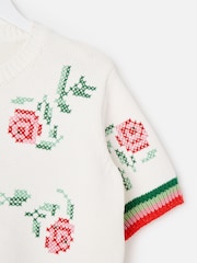 Oliver Bonas Cream Floral Cross Stitch Short Sleeve Cardigan - Image 6 of 7