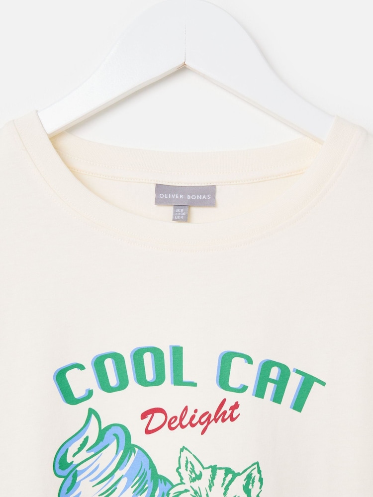 Oliver Bonas Cream Cool Cat Graphic T-Shirt - Image 7 of 7