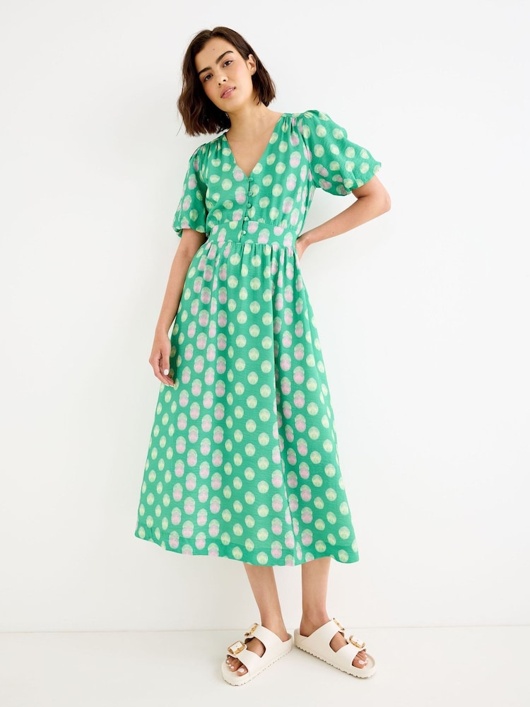 Oliver Bonas Green Polka Dot V-Neck Midi Dress - Image 1 of 7 Oliver Bonas Green Polka Dot V-Neck Midi Dress - Image 1 of 7