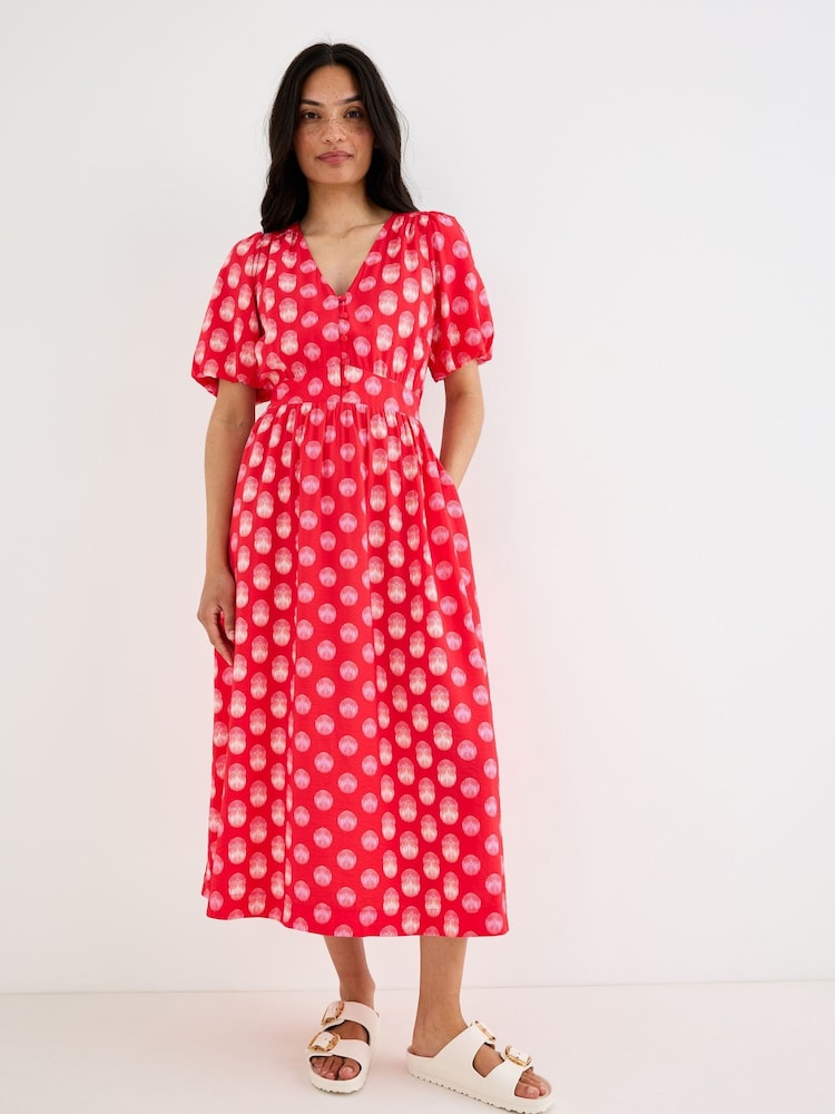 Oliver Bonas Red Polka Dot V-Neck Midi Dress - Image 1 of 7 Oliver Bonas Red Polka Dot V-Neck Midi Dress - Image 1 of 7