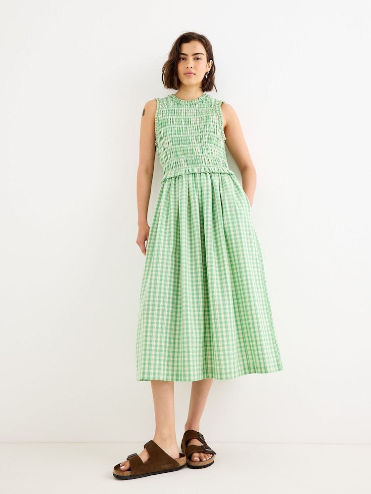 Oliver Bonas Green Gingham Shirred Bodice Sleeveless Midi Dress - Image 1 of 7 Oliver Bonas Green Gingham Shirred Bodice Sleeveless Midi Dress - Image 1 of 7