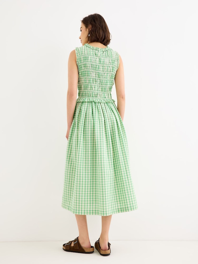 Oliver Bonas Green Gingham Shirred Bodice Sleeveless Midi Dress - Image 2 of 7 Oliver Bonas Green Gingham Shirred Bodice Sleeveless Midi Dress - Image 2 of 7