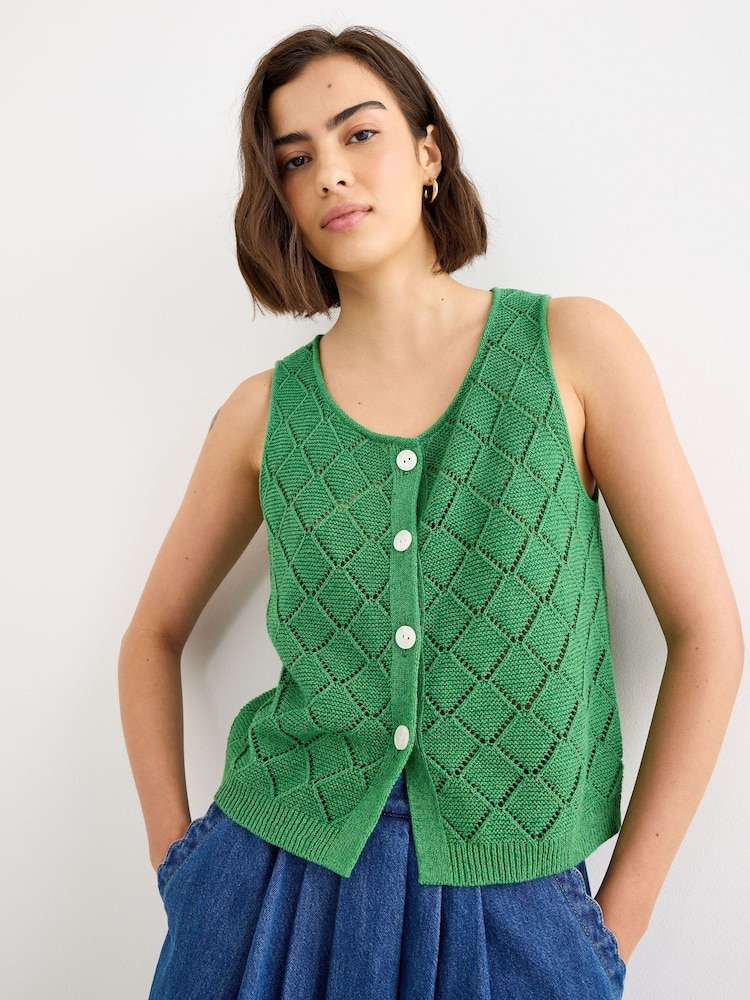 Oliver Bonas Green Diamond Stitch Button Up Knitted Vest - Image 1 of 7