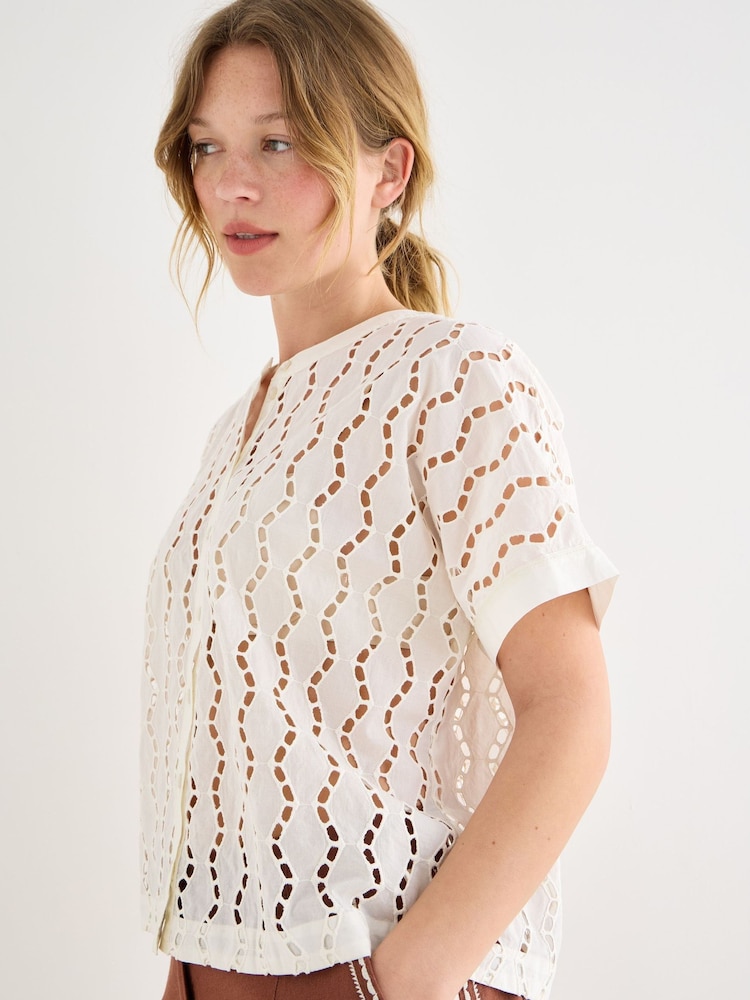 Oliver Bonas Cream Broderie Boxy Short Sleeve Blouse - Image 1 of 7