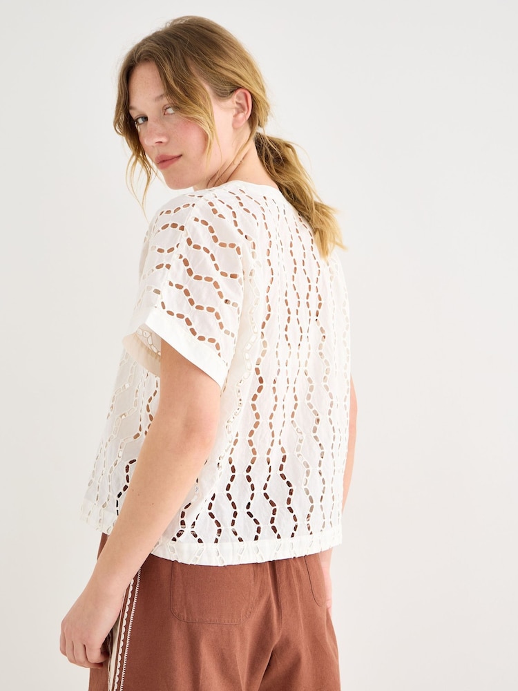 Oliver Bonas Cream Broderie Boxy Short Sleeve Blouse - Image 2 of 7