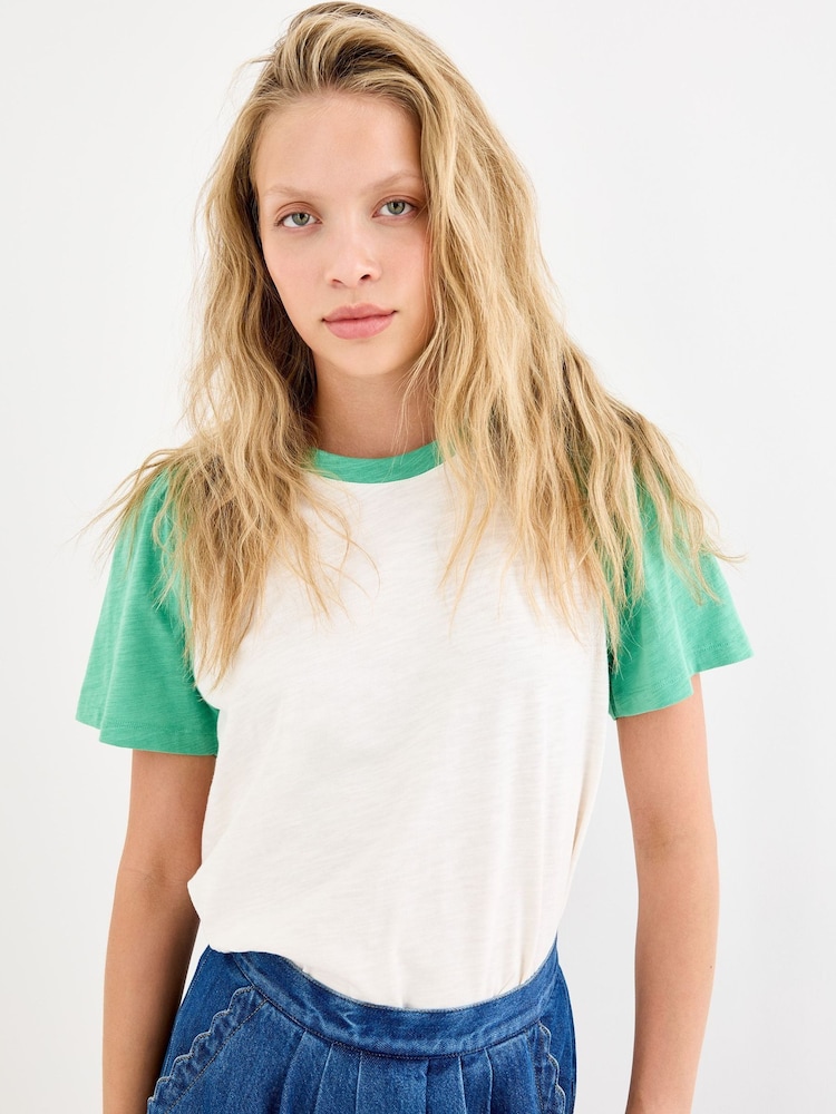 Oliver Bonas Green Slub Cotton Colour Block T-Shirt - Image 1 of 6