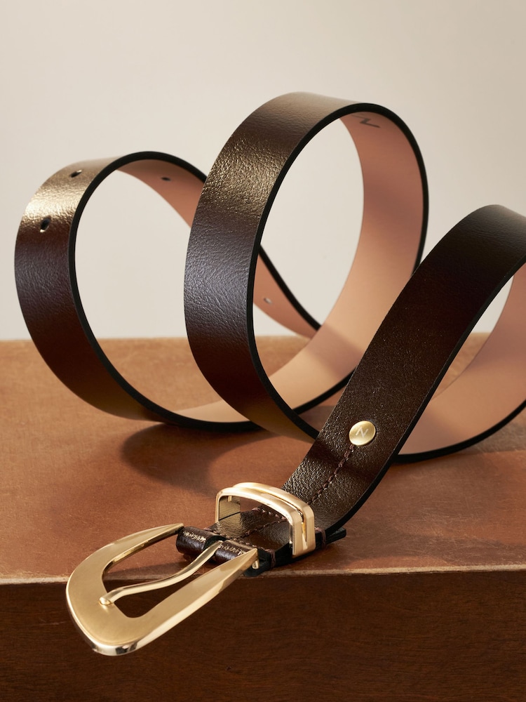 Chocolate Brown/Gold Premium Made In Italy Regular Leather Belt - Image 4 of 5