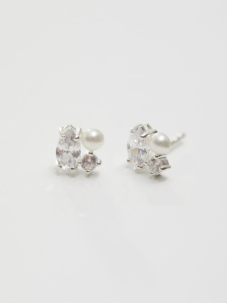 Simply Silver Silver Tone Cubic Zirconia And Freshwater Pearl Multi Stone Stud Earrings - Image 1 of 3