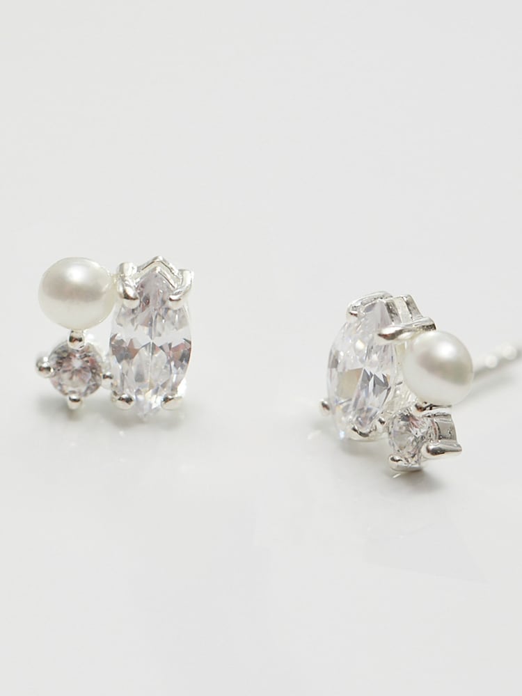 Simply Silver Silver Tone Cubic Zirconia And Freshwater Pearl Multi Stone Stud Earrings - Image 3 of 3