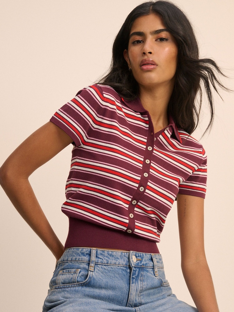 Nobodys Child Red Waisted Polo Knit Top - Image 1 of 5 Nobodys Child Red Waisted Polo Knit Top - Image 1 of 5