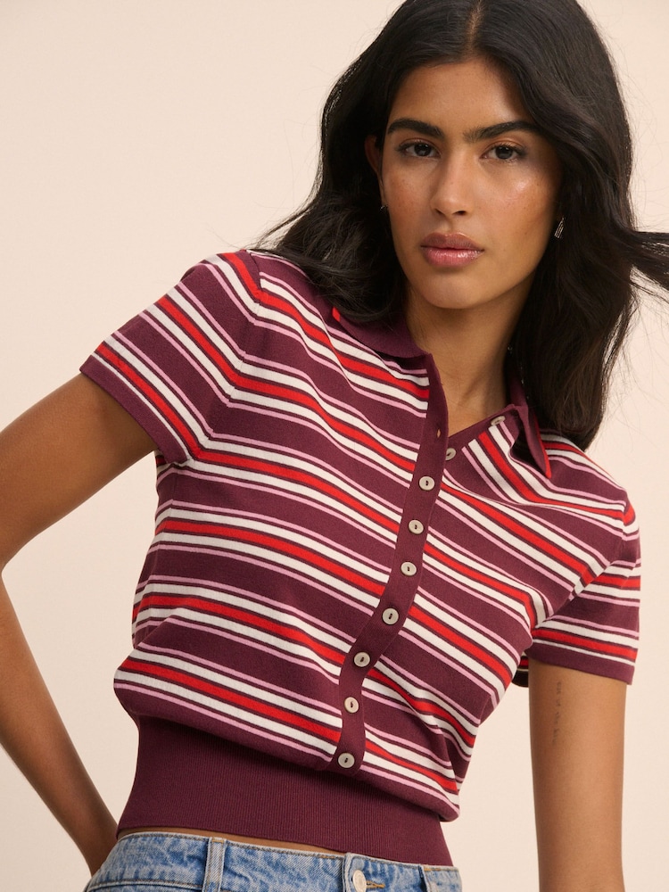 Nobodys Child Red Waisted Polo Knit Top - Image 2 of 5 Nobodys Child Red Waisted Polo Knit Top - Image 2 of 5