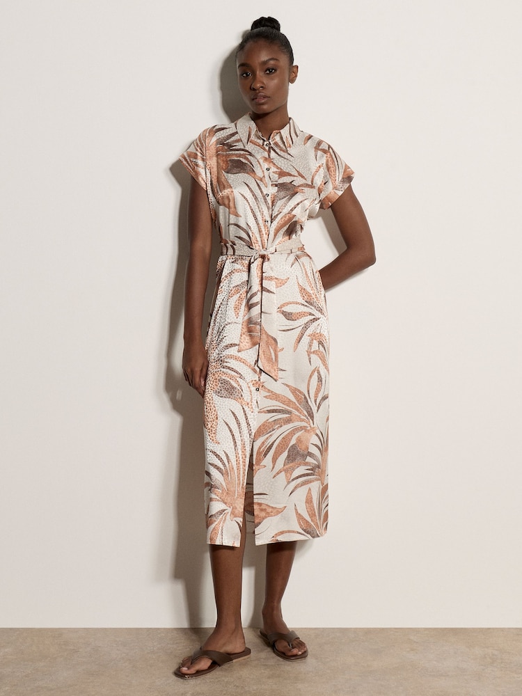 Apricot Natural Tropical Leaf Satin Shirt Midi Dress - Image 1 of 4 Apricot Natural Tropical Leaf Satin Shirt Midi Dress - Image 1 of 4