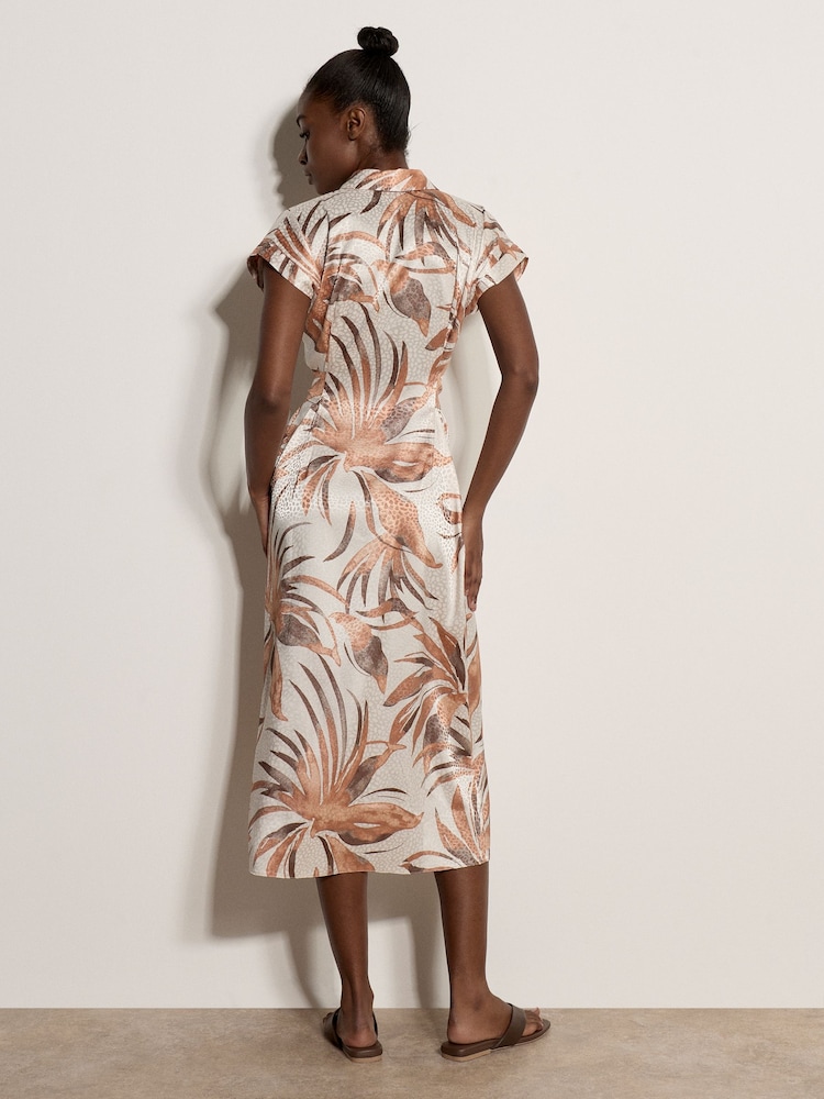 Apricot Natural Tropical Leaf Satin Shirt Midi Dress - Image 2 of 4 Apricot Natural Tropical Leaf Satin Shirt Midi Dress - Image 2 of 4