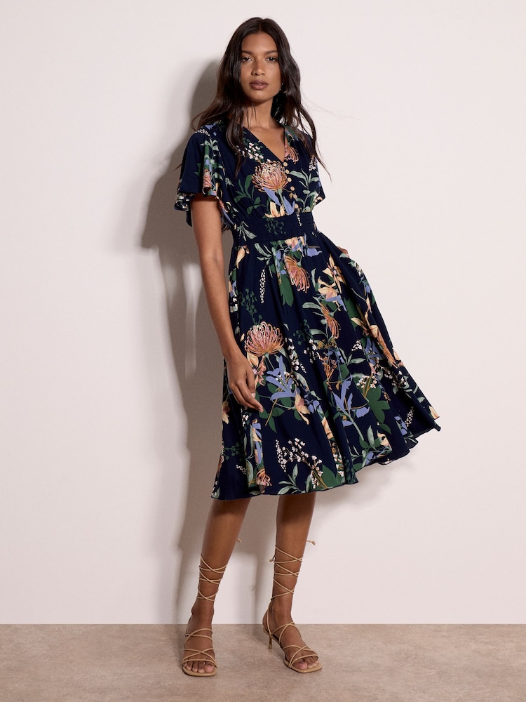 Apricot Blue Botanical Floral Smocked Midi Dress - Image 2 of 5 Apricot Blue Botanical Floral Smocked Midi Dress - Image 2 of 5