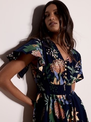 Apricot Blue Botanical Floral Smocked Midi Dress - Image 4 of 5