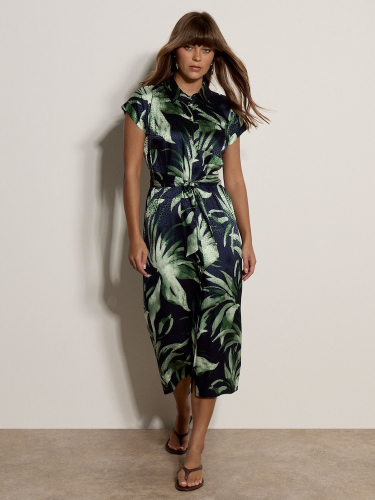 Apricot Blue Tropical Leaf Satin Shirt Midi Dress - Image 1 of 5 Apricot Blue Tropical Leaf Satin Shirt Midi Dress - Image 1 of 5