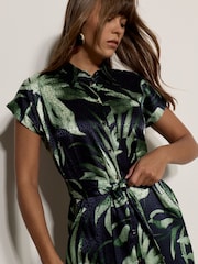 Apricot Blue Tropical Leaf Satin Shirt Midi Dress - Image 2 of 5