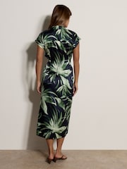 Apricot Blue Tropical Leaf Satin Shirt Midi Dress - Image 3 of 5