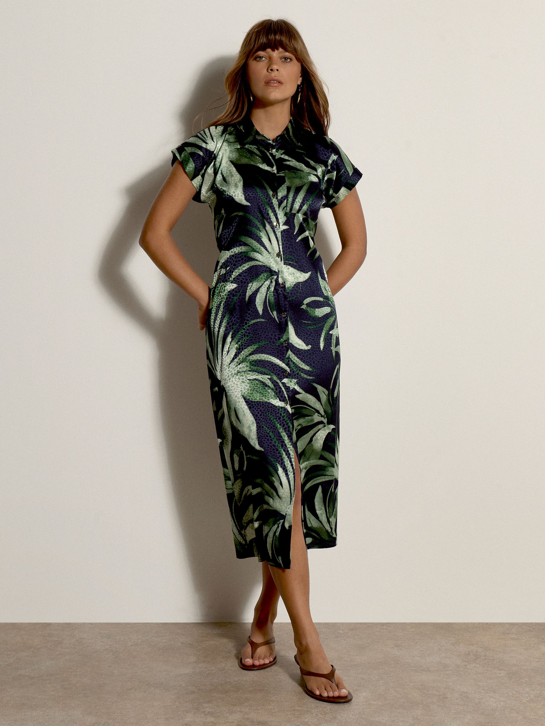 Buy Apricot Blue Tropical Leaf Satin Shirt Midi Dress from the