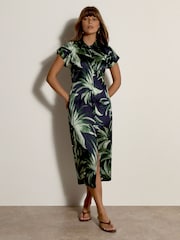 Apricot Blue Tropical Leaf Satin Shirt Midi Dress - Image 4 of 5
