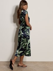 Apricot Blue Tropical Leaf Satin Shirt Midi Dress - Image 5 of 5