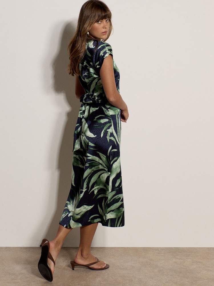 Apricot Blue Tropical Leaf Satin Shirt Midi Dress - Image 5 of 5 Apricot Blue Tropical Leaf Satin Shirt Midi Dress - Image 5 of 5