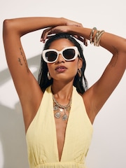 River Island Yellow Sleeveless Halterneck Palm Embroidered Textured Mini Dress - Image 2 of 4
