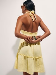River Island Yellow Sleeveless Halterneck Palm Embroidered Textured Mini Dress - Image 4 of 4