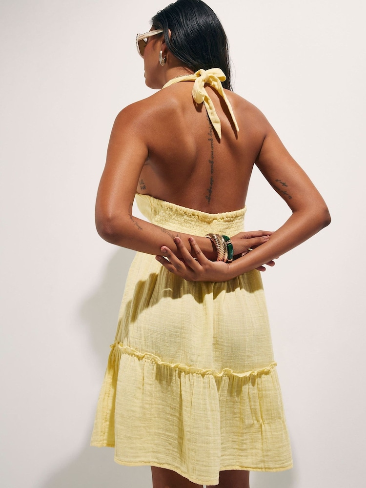 River Island Yellow Sleeveless Halterneck Palm Embroidered Textured Mini Dress - Image 4 of 4 River Island Yellow Sleeveless Halterneck Palm Embroidered Textured Mini Dress - Image 4 of 4