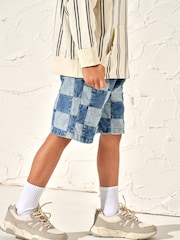 Angel & Rocket Blue 100% Cotton Neil Patchwork Washed Denim Shorts - Image 3 of 7