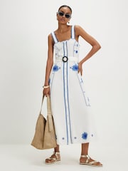 River Island White Sleeveless Scallop Hem Floral Embroidered Belted Midi Dress - Image 1 of 4